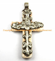Tibetan Reversible Howlite Turquoise Cross Pendant with Tibetan Silver Bail, Repousse Hand Carved Lotus Flower & Floral Details- WM6138