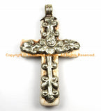 Tibetan Reversible Howlite Turquoise Cross Pendant with Tibetan Silver Bail, Repousse Hand Carved Lotus Flower & Floral Details- WM6138