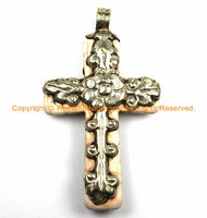 Tibetan Reversible Howlite Turquoise Cross Pendant with Tibetan Silver Bail, Repousse Hand Carved Lotus Flower & Floral Details- WM6138