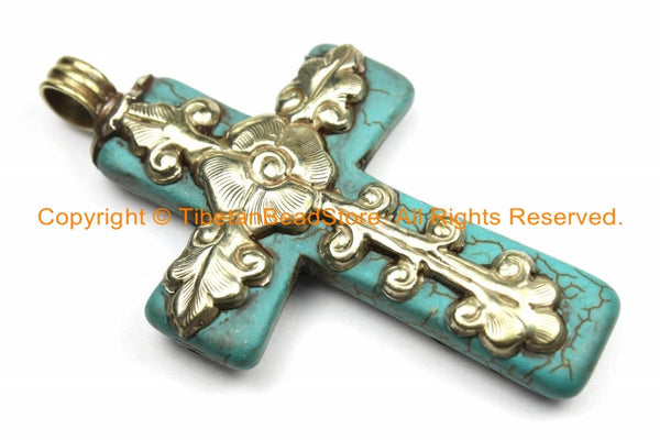 Tibetan Reversible Turquoise Cross Pendant with Tibetan Silver Bail, Repousse Hand Carved Lotus Flower & Floral Details- WM6150