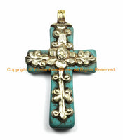 Tibetan Reversible Turquoise Cross Pendant with Tibetan Silver Bail, Repousse Hand Carved Lotus Flower & Floral Details- WM6150