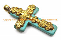 Tibetan Reversible Turquoise Cross Pendant with Repousse Brass Bail, Lotus Flower & Floral Details by TibetanBeadStore- WM6147
