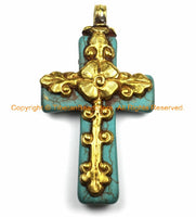Tibetan Reversible Turquoise Cross Pendant with Repousse Brass Bail, Lotus Flower & Floral Details by TibetanBeadStore- WM6147