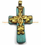 Tibetan Reversible Turquoise Cross Pendant with Brass Bail, Repousse Hand Carved Snake Serpent & Floral Details by TibetanBeadStore- WM6145
