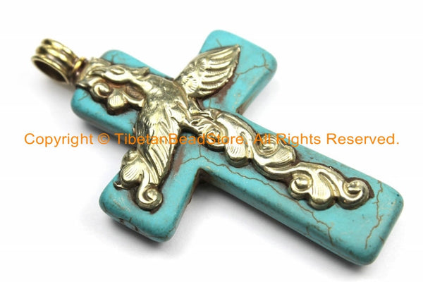 Tibetan Reversible Turquoise Cross Pendant with Tibetan Silver Bail, Repousse Hand Carved Lotus Flower & Floral Details- WM6151