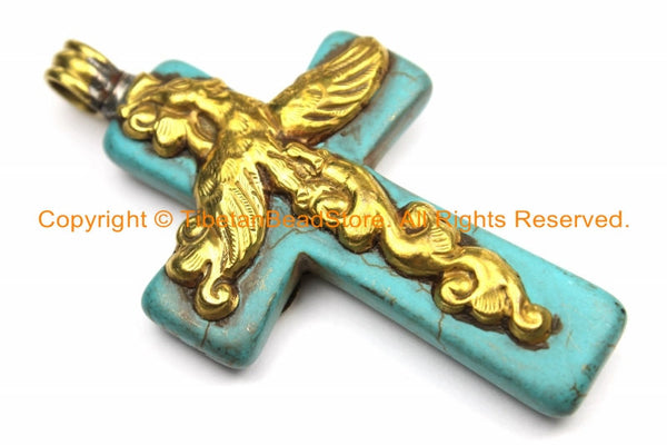 Tibetan Reversible Turquoise Cross Pendant with Brass Bail, Repousse Hand Carved Phoenix Bird & Lotus Floral Details - WM6146