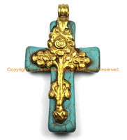 Tibetan Reversible Turquoise Cross Pendant with Brass Bail, Repousse Hand Carved Phoenix Bird & Lotus Floral Details - WM6146