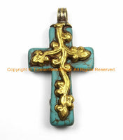 Tibetan Reversible Turquoise Cross Pendant with Brass Bail, Repousse Hand Carved Floral Details -Tibetan Cross- Turquoise Cross- WM6139