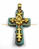 Tibetan Reversible Turquoise Cross Pendant with Brass Repousse Hand Carved Lotus Floral Details -Tibetan Cross- Turquoise Cross- WM6137