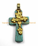 Tibetan Reversible Turquoise Cross Pendant with Brass Repousse Hand Carved Lotus Floral Details -Tibetan Cross- Turquoise Cross- WM6137