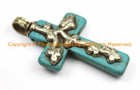 Tibetan Reversible Turquoise Cross Pendant with Tibetan Silver Metal Bail & Carved Floral Details - Ethnic Tibetan Turquoise Cross- WM6140