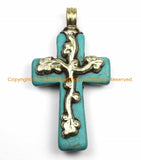 Tibetan Reversible Turquoise Cross Pendant with Tibetan Silver Metal Bail & Carved Floral Details - Ethnic Tibetan Turquoise Cross- WM6140