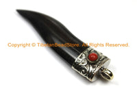 Boho Ethnic Tribal Tibetan Horn Tusk Tooth Chili Chilli Pepper Shape Horn Pendant with Repousse Hand Carved Tibetan Silver Metal Cap- WM6101