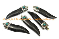 Boho Ethnic Tribal Tibetan Horn Tusk Tooth Chili Chilli Pepper Shape Horn Pendant with Repousse Hand Carved Tibetan Silver Metal Cap- WM6102