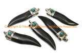 Boho Ethnic Tribal Tibetan Horn Tusk Tooth Chili Chilli Pepper Shape Horn Pendant with Repousse Hand Carved Tibetan Silver Metal Cap- WM6102