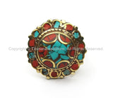 Nepalese Tibetan Floral Style Ring (SIZE 7.75) Turquoise, Coral, Brass Ring Ethnic Floral Ring Boho Ring Yoga Ring Statement Ring- R191-7.75