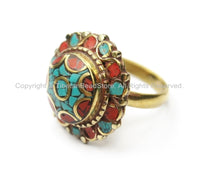 Nepalese Tibetan Floral Style Ring (SIZE 6.75) Turquoise, Coral, Brass Ring Ethnic Ring Boho Ring Yoga Ring Statement Ring- R194-6.75