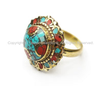Nepalese Tibetan Floral Style Ring (SIZE 6.25) Turquoise, Coral, Brass Ring Ethnic Floral Ring Boho Ring Yoga Ring Statement Ring- R193-6.25