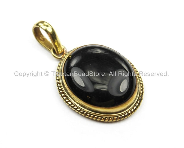 Nepal Tibetan Black Onyx Gemstone Inlay Pendant- Black Onyx Inlay Pendant TibetanBeadStore -Handmade- Brass with Gemstone Inlay- WM5891
