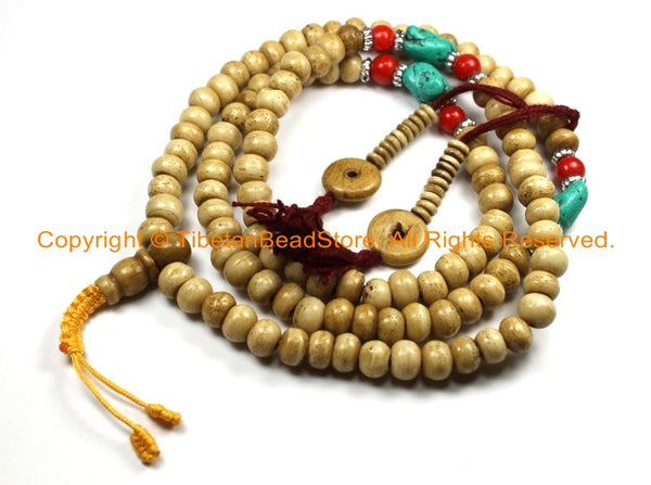 108 BEADS Tibetan Antiqued Bone Mala Prayer Beads with Spacers & Bone Counters - Tibetan Mala Beads - Mala Making Supply - PB141 - TibetanBeadStore