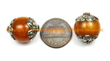 2 BEADS Tibetan Resin Beads with Repousse Tibetan Silver Metal Caps - Ethnic Tribal Tibetan Resin Honey Amber Color Beads - B2985-2