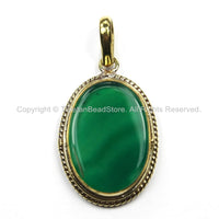 Nepal Tibetan Green Onyx & Brass Pendant- Handmade Nepalese Tibetan Green Onyx Pendant- Oval Focal Pendant- WM5878