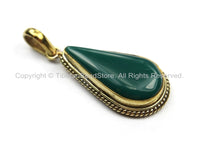Nepal Tibetan Green Onyx & Brass Teardrop Shape Pendant- Handmade Pendant - Nepalese Tibetan Green Onyx Pendant- Focal Pendant- WM5877