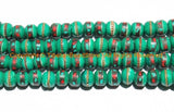10 BEADS 10mm Tibetan Green Color Bone Beads with Turquoise, Coral & Metal Inlays- Ethnic Nepal Tibetan Green Bone Beads- LPB148-10