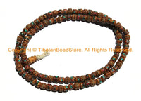 108 BEADS 8mm Rudraksha Mala Prayer Beads with Turquoise, Coral & Metal Inlays - Ethnic Nepal Tibetan Rudraksha Mala Beads - PB150 - TibetanBeadStore