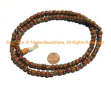 108 BEADS 8mm Rudraksha Mala Prayer Beads with Turquoise, Coral & Metal Inlays - Ethnic Nepal Tibetan Rudraksha Mala Beads - PB150 - TibetanBeadStore