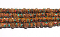 10 BEADS 8mm Rudraksha Beads with Turquoise, Coral & Metal Inlays - Ethnic Nepal Tibetan Mala Supplies Rudraksha Mala Beads - LPB150-10