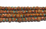 10 BEADS 8mm Rudraksha Beads with Turquoise, Coral & Metal Inlays - Ethnic Nepal Tibetan Mala Supplies Rudraksha Mala Beads - LPB150-10
