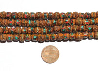 10 BEADS 8mm Rudraksha Beads with Turquoise, Coral & Metal Inlays - Ethnic Nepal Tibetan Mala Supplies Rudraksha Mala Beads - LPB150-10