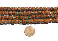20 BEADS 8mm Rudraksha Beads with Turquoise, Coral & Metal Inlays - Ethnic Nepal Tibetan Mala Supplies Rudraksha Mala Beads - LPB150-20