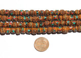 10 BEADS 8mm Rudraksha Beads with Turquoise, Coral & Metal Inlays - Ethnic Nepal Tibetan Mala Supplies Rudraksha Mala Beads - LPB150-10
