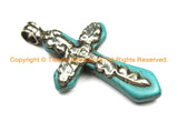 Tibetan Reversible Turquoise Cross Pendant with Tibetan Silver Metal Bail & Carved Floral Details - Ethnic Tibetan Turquoise Cross- WM6310