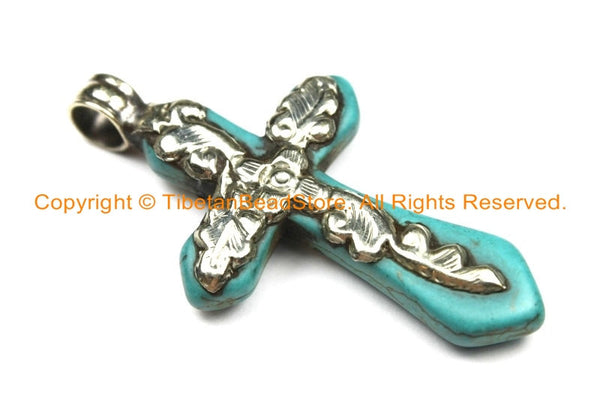 Tibetan Reversible Turquoise Cross Pendant with Tibetan Silver Metal Bail & Carved Floral Details - Ethnic Tibetan Turquoise Cross- WM6310
