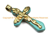 Tibetan Reversible Turquoise Cross Pendant with Brass Bail, Repousse Hand Carved Floral Details -Tibetan Cross- Turquoise Cross- WM6310B
