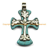 Tibetan Reversible Turquoise Cross Pendant with Tibetan Silver Metal Bail & Carved Floral Details - Ethnic Nepal Tibetan Cross- WM6309