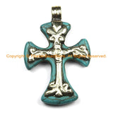 Tibetan Reversible Turquoise Cross Pendant with Tibetan Silver Metal Bail & Carved Floral Details - Ethnic Nepal Tibetan Cross- WM6309