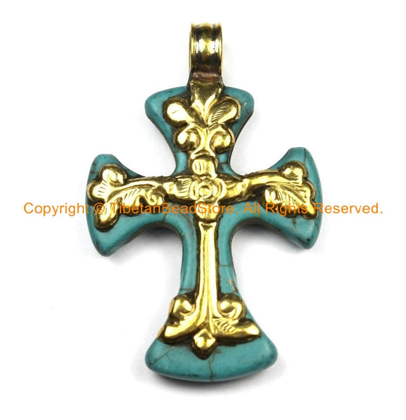 Tibetan Reversible Turquoise Cross Pendant with Brass Bail, Repousse Hand Carved Floral Details -Tibetan Cross- Turquoise Cross- WM6309B