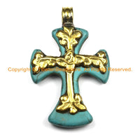 Tibetan Reversible Turquoise Cross Pendant with Brass Bail, Repousse Hand Carved Floral Details -Tibetan Cross- Turquoise Cross- WM6309B