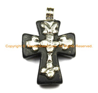 Tibetan Reversible Black Howlite Cross Pendant with Tibetan Silver Metal Bail & Floral Details - Ethnic Tibetan Black Cross- WM6311