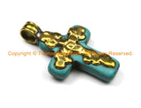 Small Tibetan Reversible Turquoise Cross Pendant with Brass Bail & Carved Floral Details - Ethnic Turquoise Cross- WM6308B