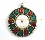 Ethnic Tribal Tibetan Reversible Naga Conch Shell Pendant with Repousse Brass Auspicious Conch Details, Turquoise, Coral Inlays - WM6292