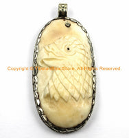 Unique Carved Bone Tibetan Eagle Bird Pendant with Repousse Carved Tibetan Silver Lotus Floral Details - Tibetan Pendant Jewelry - WM6115