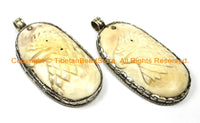 Unique Carved Bone Tibetan Eagle Bird Pendant with Repousse Carved Tibetan Silver Lotus Floral Details - Tibetan Pendant Jewelry - WM6115