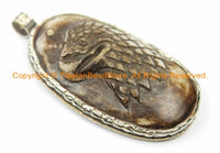 Unique Carved Bone Ethnic Tibetan Eagle Bird Pendant with Repousse Carved Tibetan Silver Details - Tibetan Bone Pendant Jewelry - WM6121