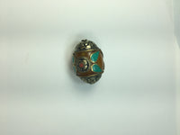 Large Tibetan Amber Resin Bead with Ornate Repousse Details & Turquoise, Coral Inlays - B