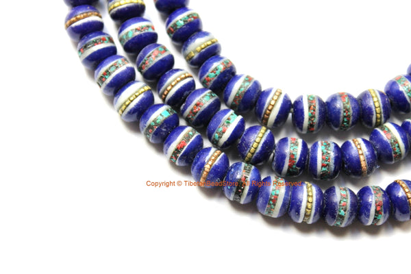 50 BEADS 8mm Tibetan Lapis Blue Color Bone Beads with Turquoise, Coral & Metal Inlays - Tibetan Blue Bone Beads - LPB212-50
